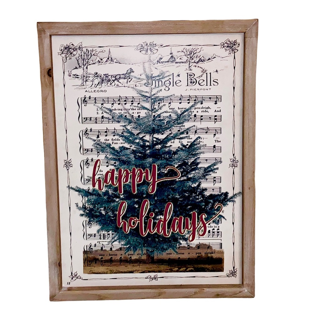Farmhouse Happy Holidays Musical Notes Brown Wood Frame Wall Decor